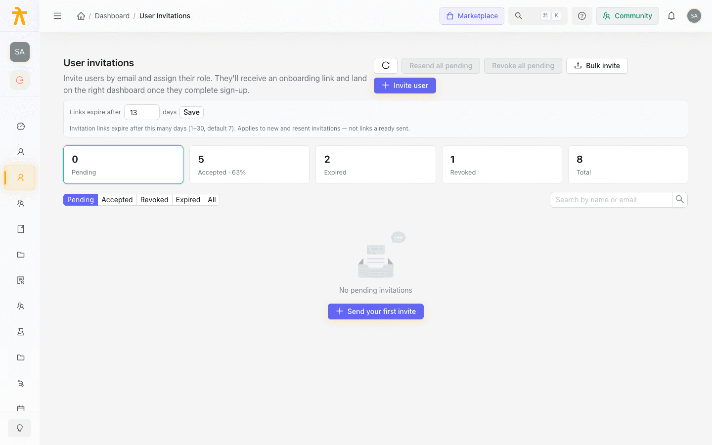 User Invitations page with invite stats and status tabs
