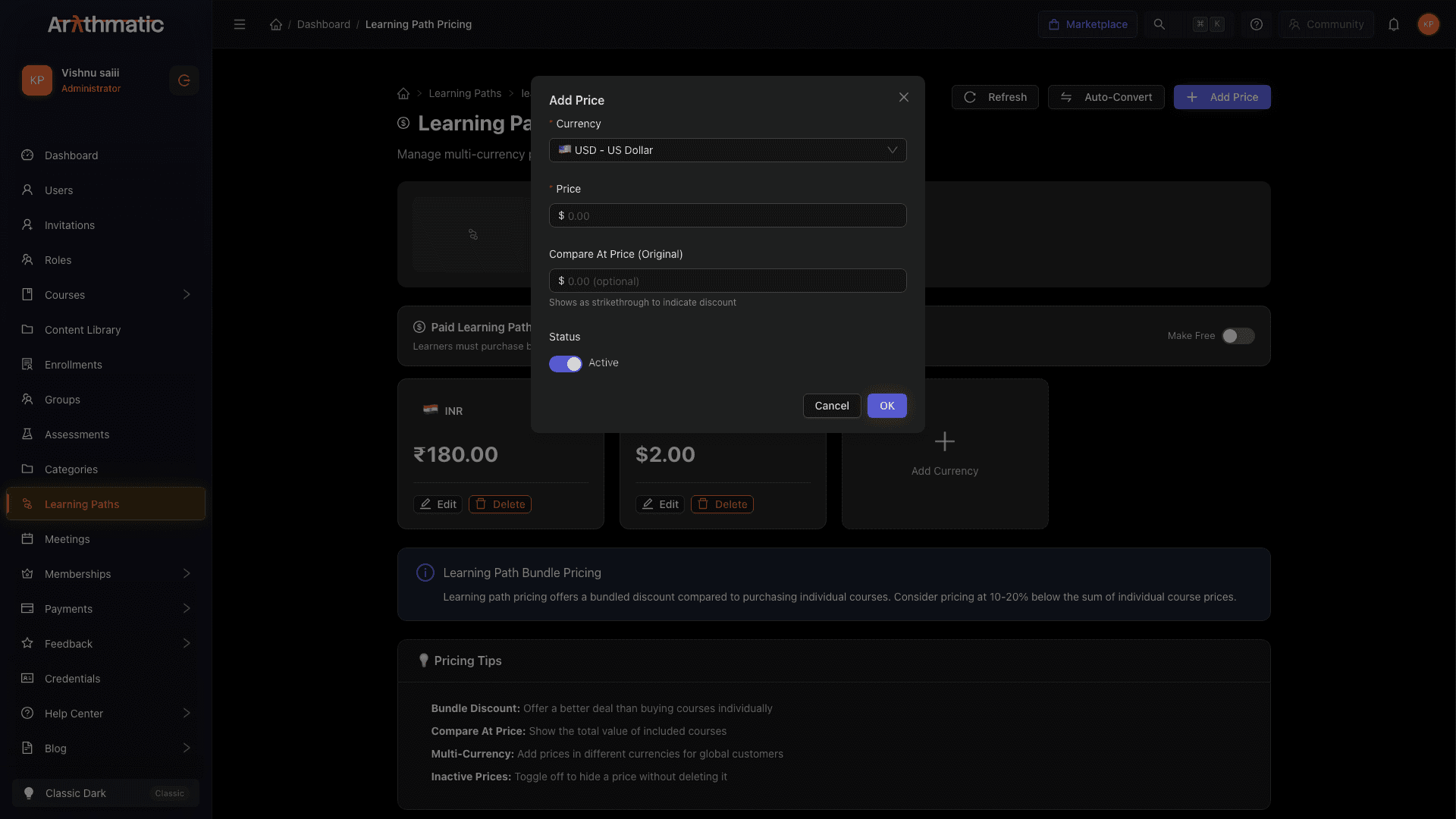 Add Price modal showing currency selector, price field, compare-at price, and status toggle