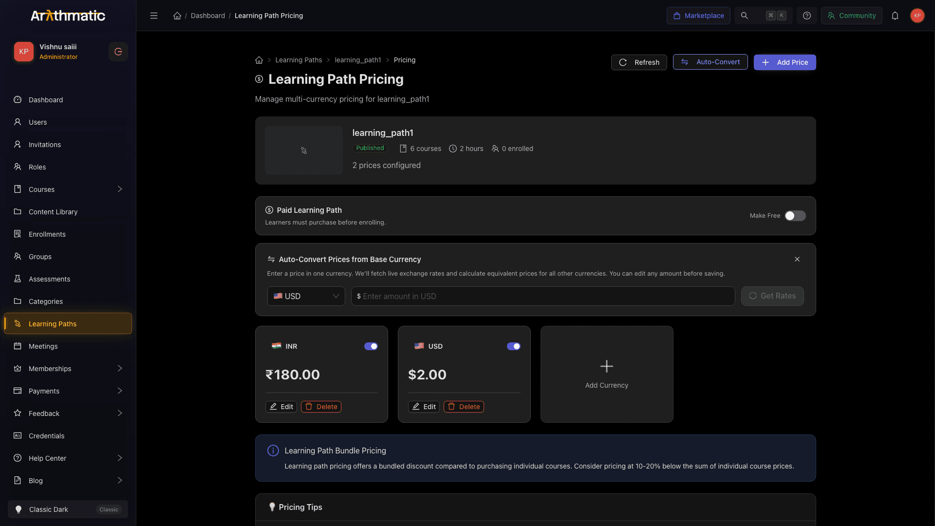 Auto-Convert panel showing base currency selector, price input, and currency conversion rate table
