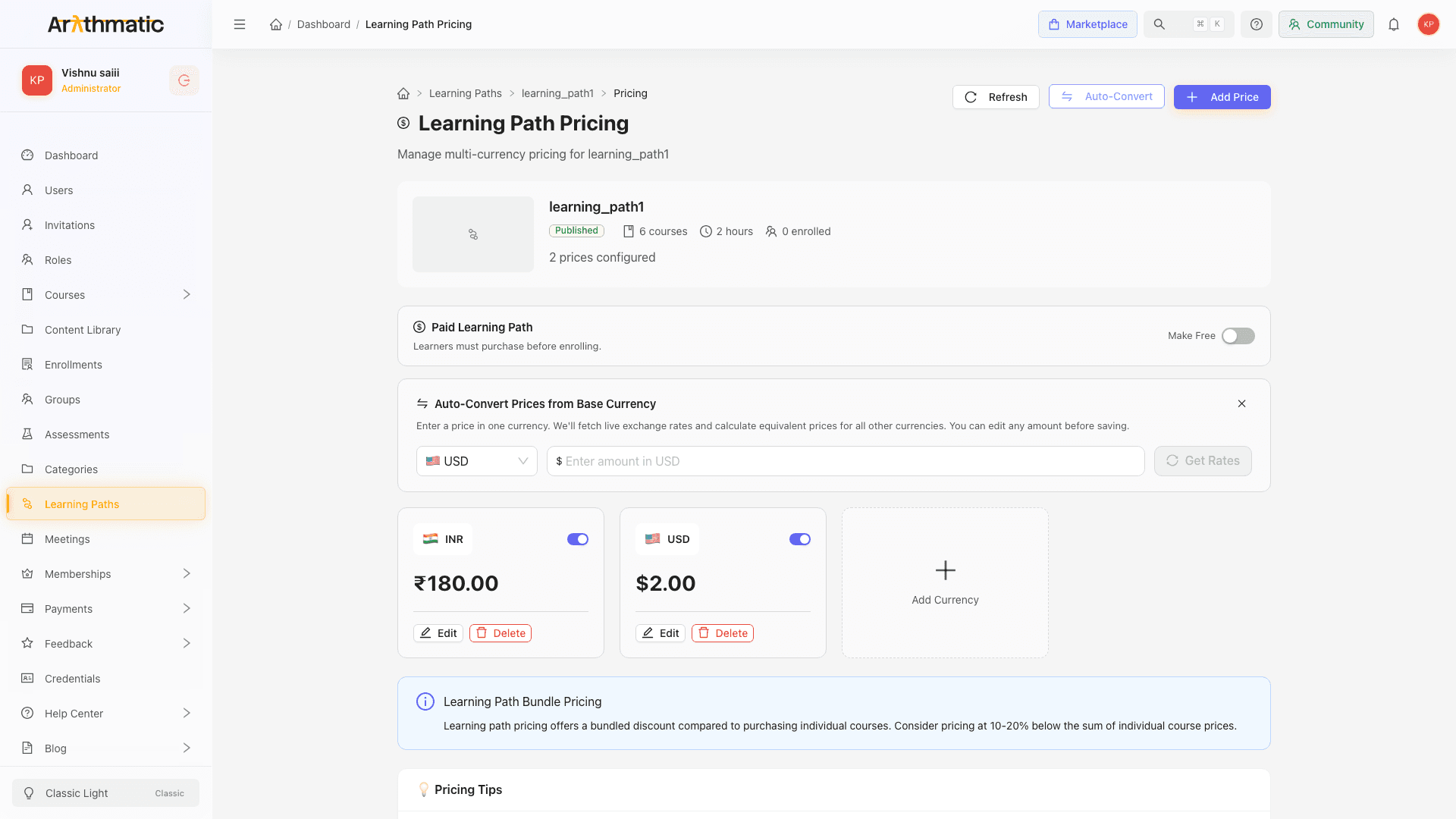 Auto-Convert panel showing base currency selector, price input, and currency conversion rate table