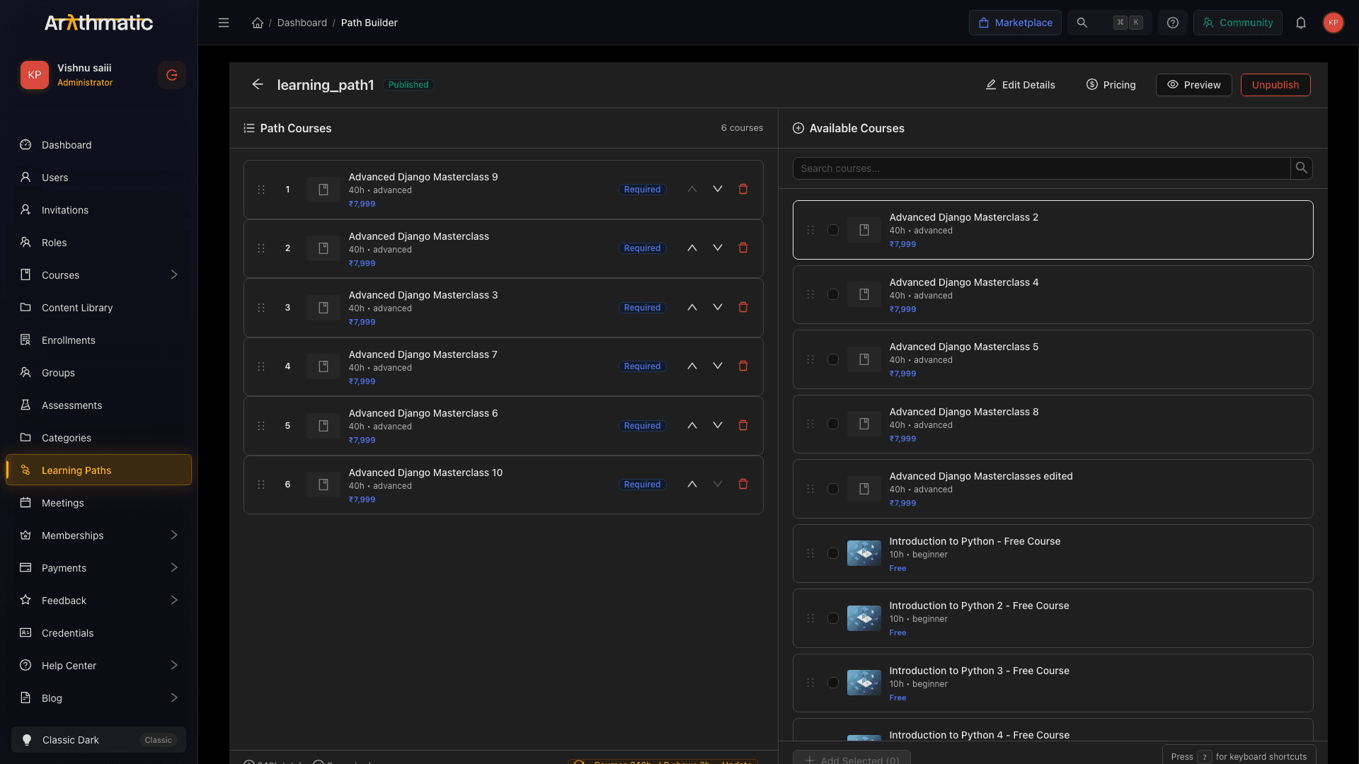 Path Builder with two panels: Path Courses on the left and Available Courses on the right