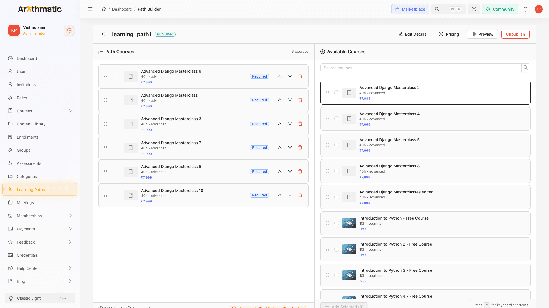 Path Builder showing courses added to the path with drag handles, required/optional badges, and available courses panel