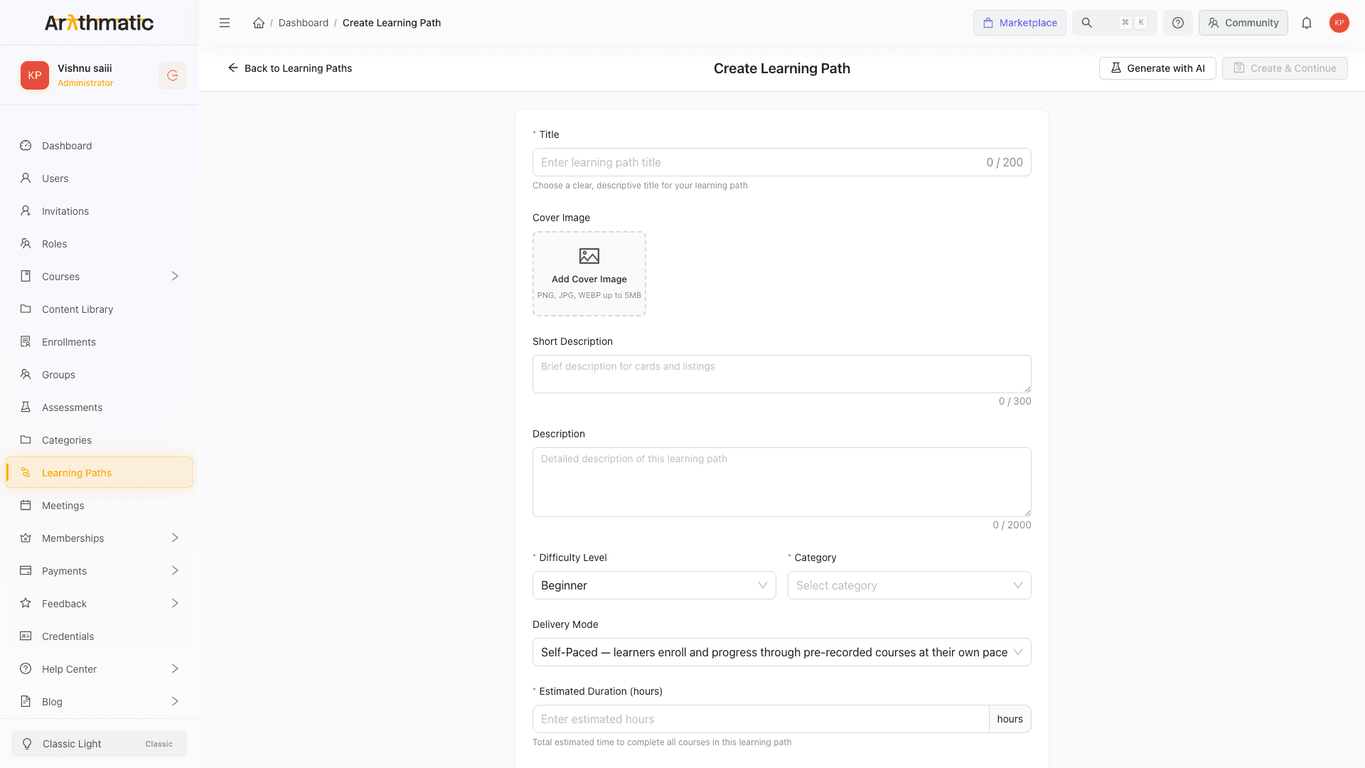 Create Learning Path form showing all available fields