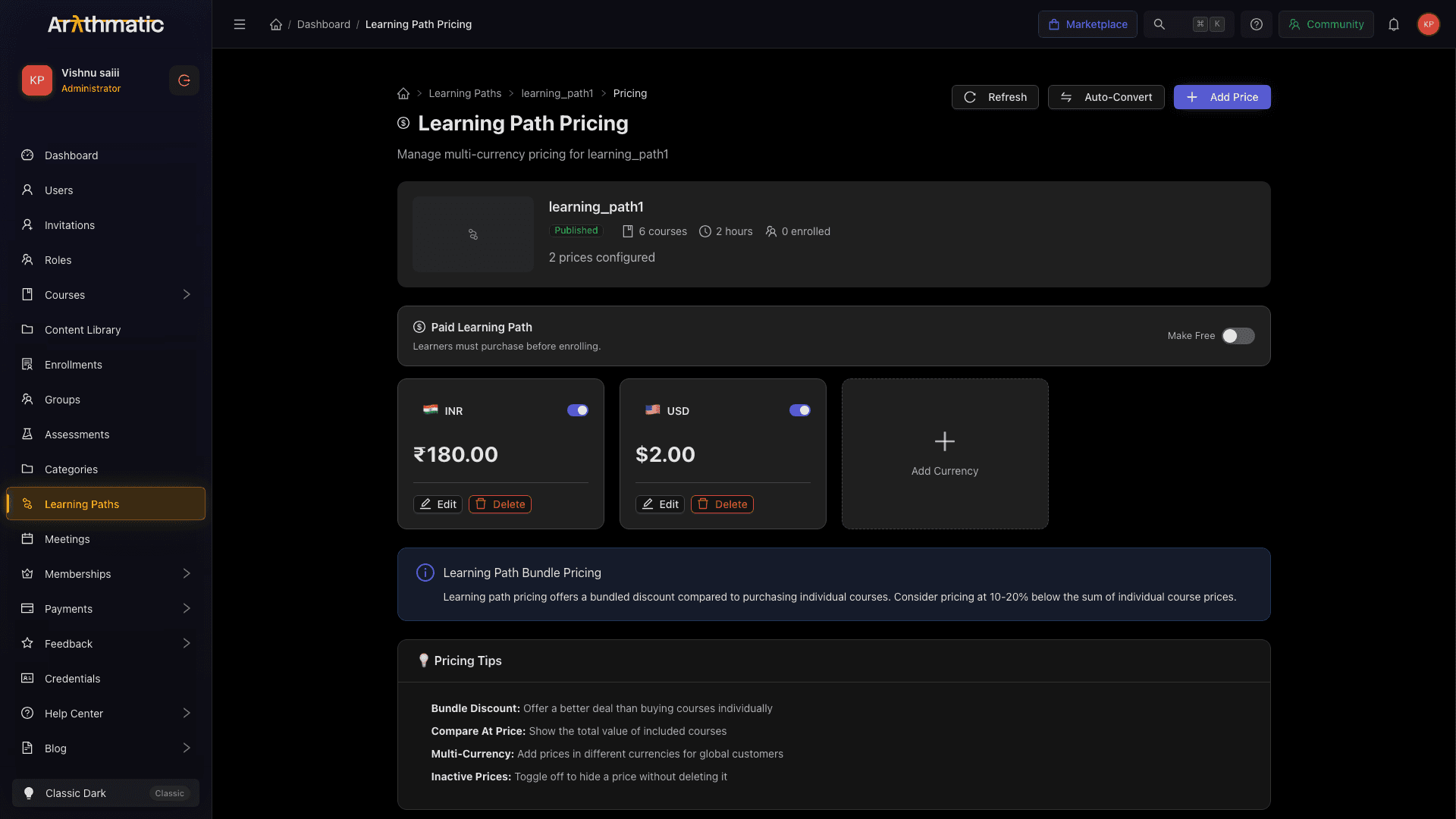 Learning Path Pricing page showing currency price cards and controls