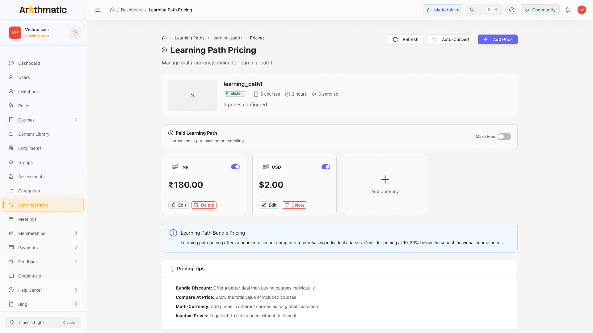 Learning Path Pricing page showing currency price cards and controls