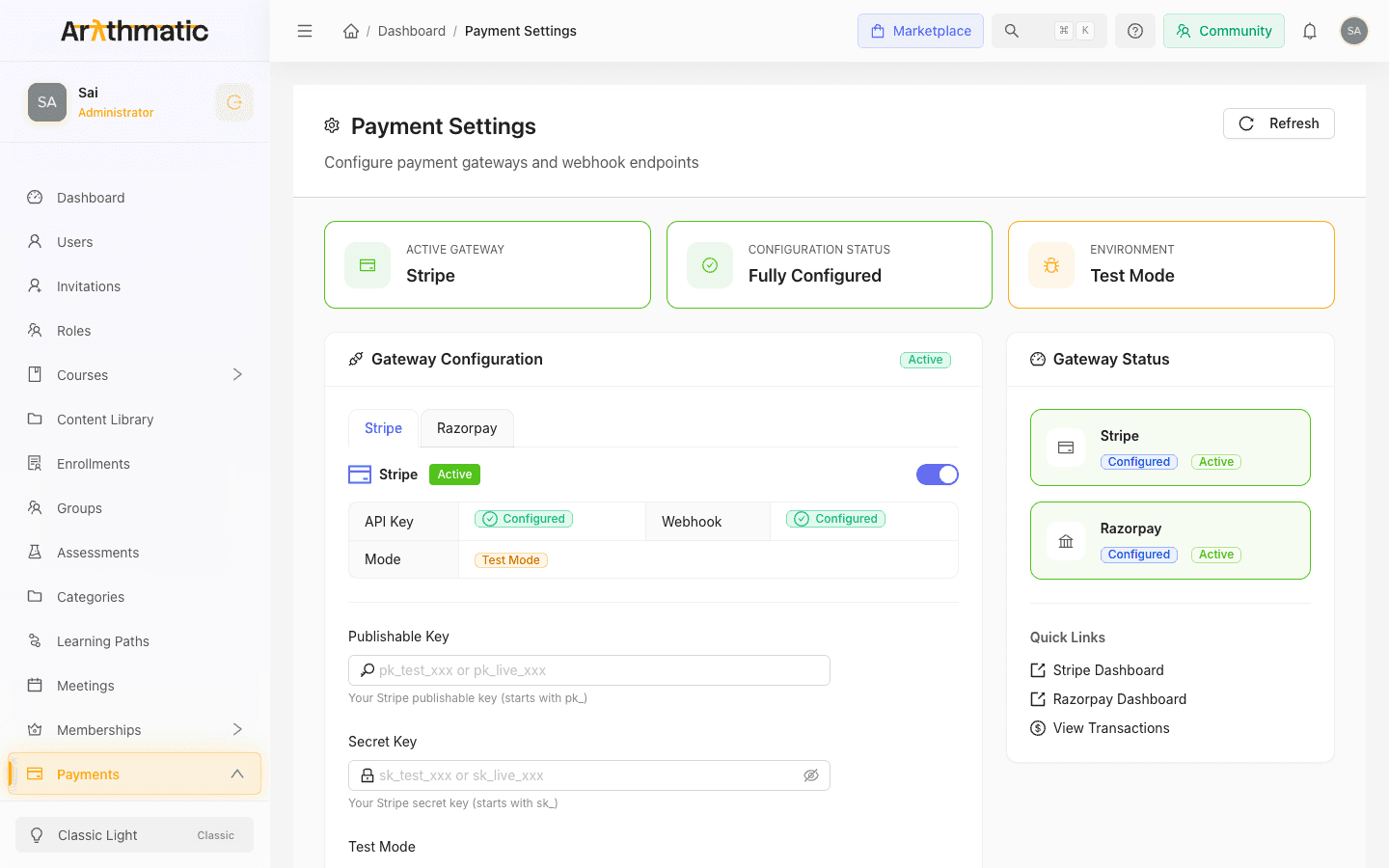 Payment Settings page with status cards, gateway configuration tabs, and gateway status panel