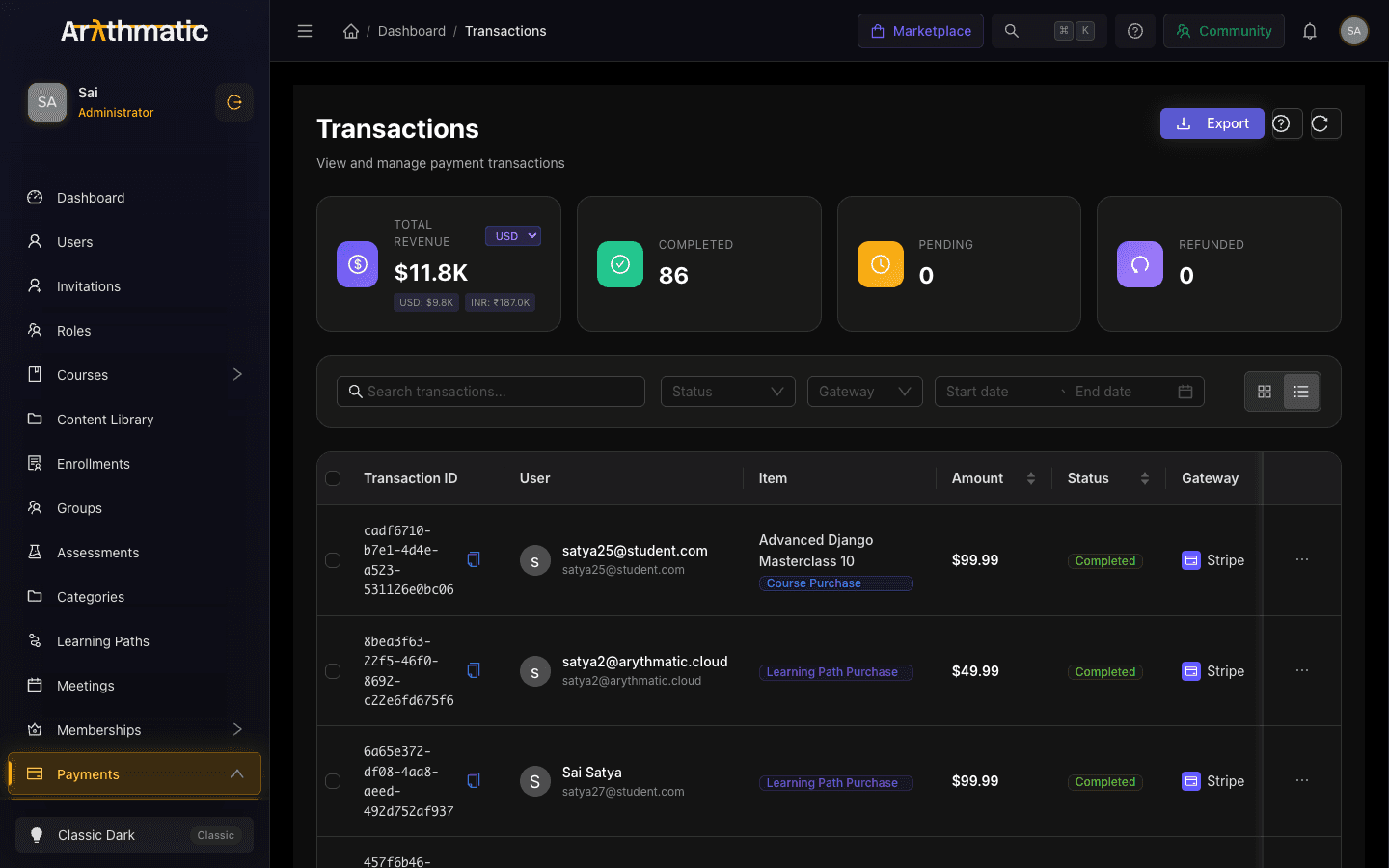 Transactions page showing revenue summary cards, filters, and a table of payment transactions