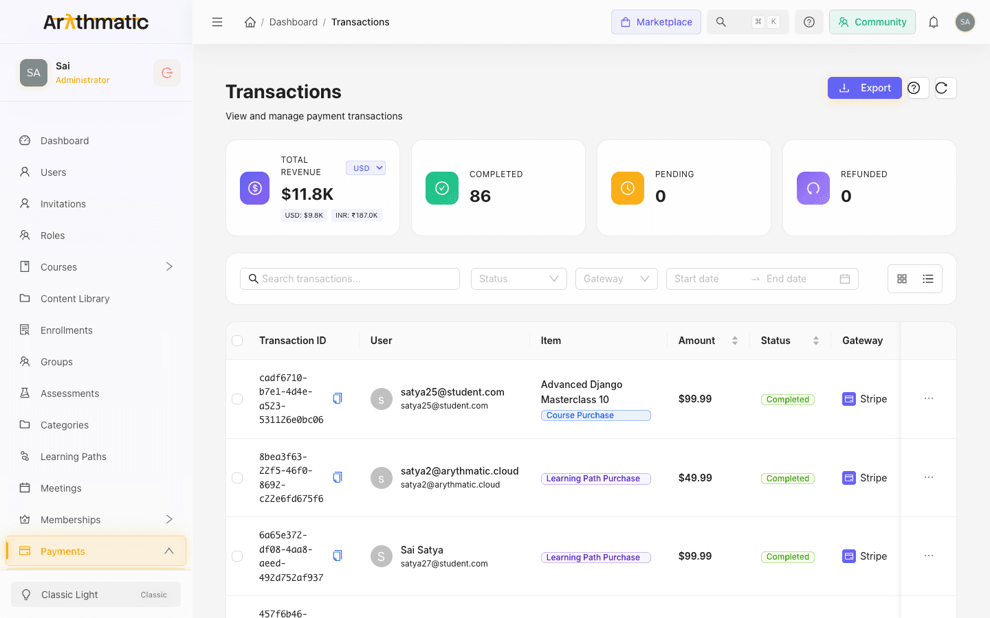 Transactions page showing revenue summary cards, filters, and a table of payment transactions
