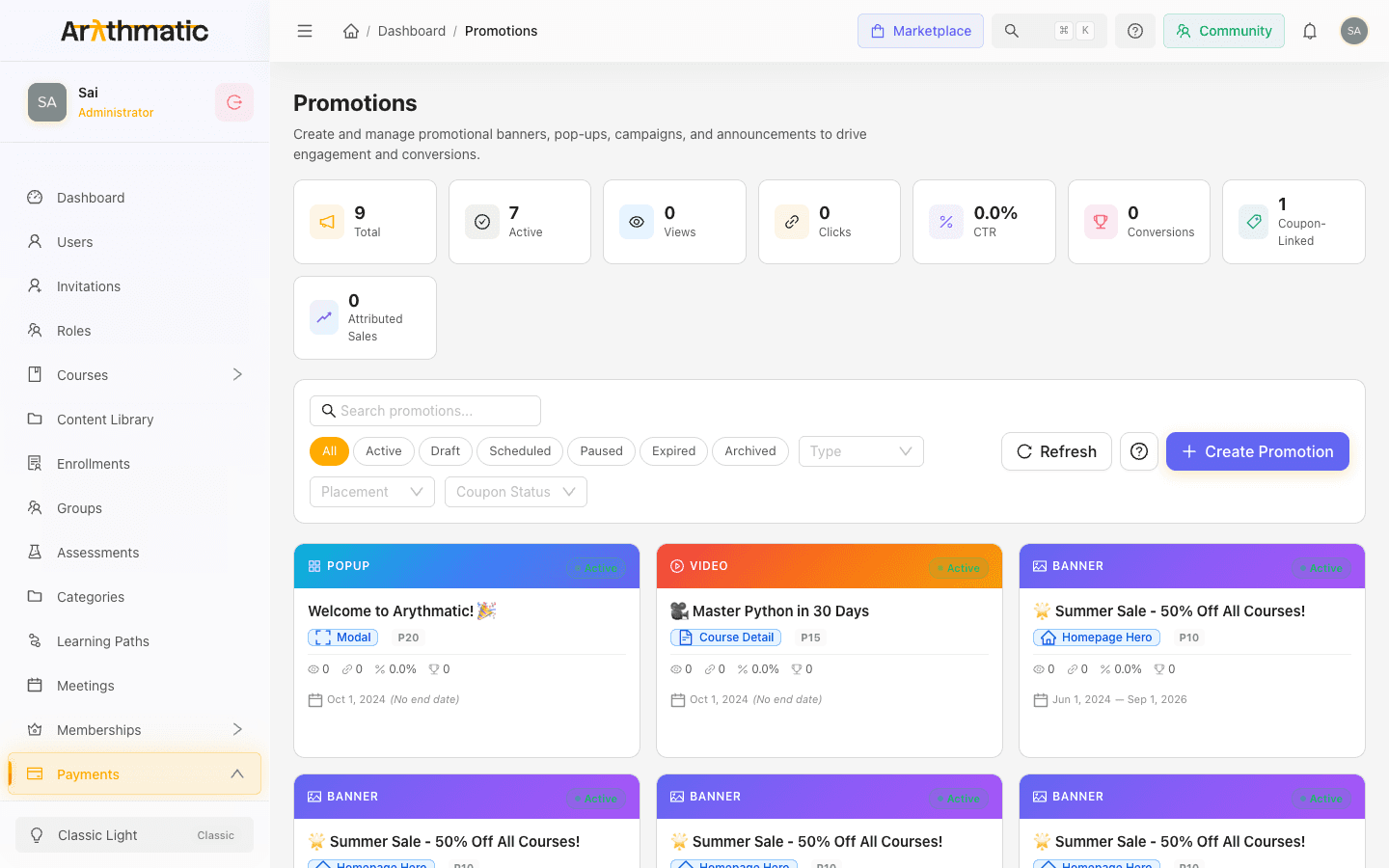 Promotions page showing stats, filters, and a grid of promotion cards