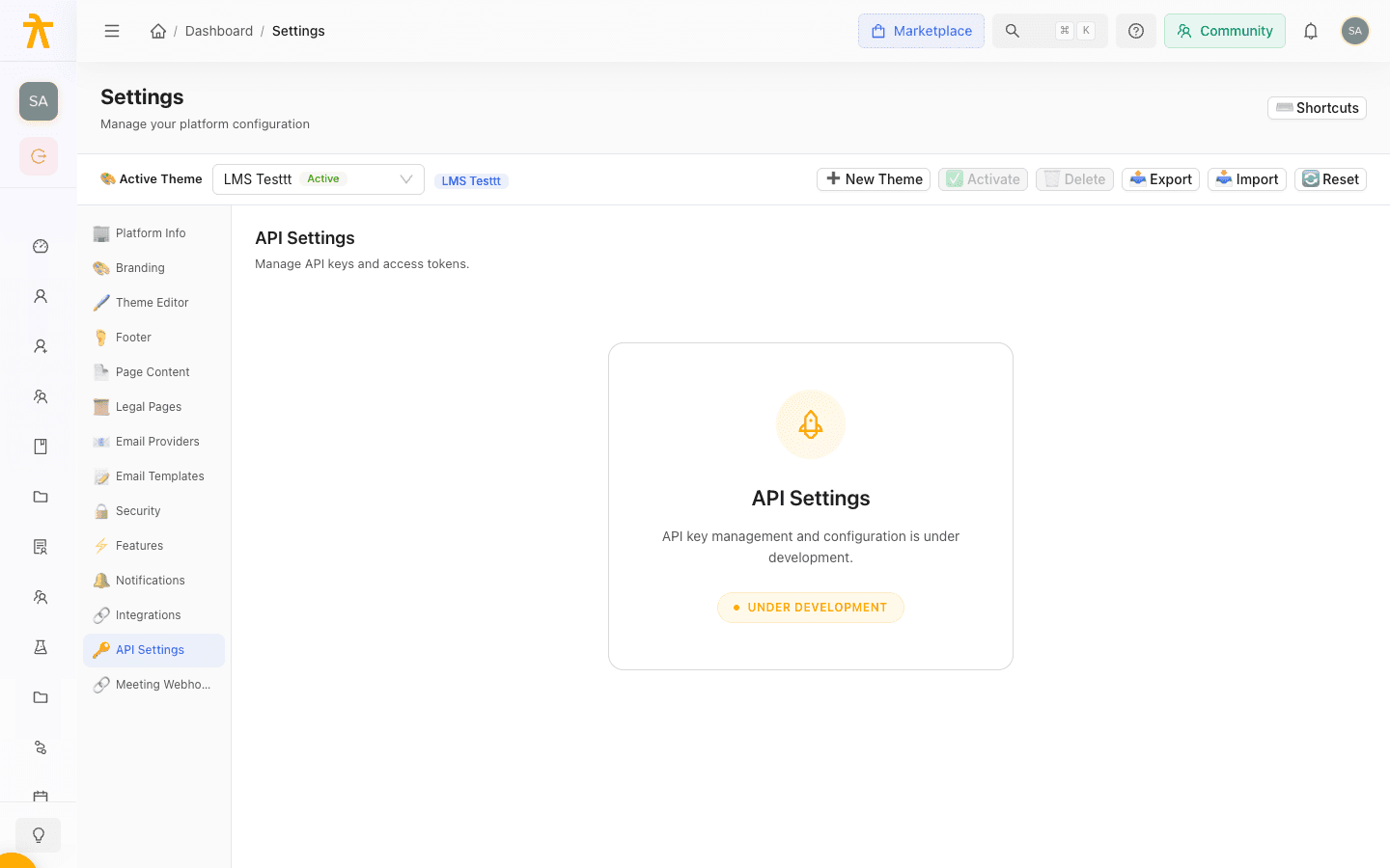 Admin settings screen previewing API keys with their status alongside webhook endpoint fields.
