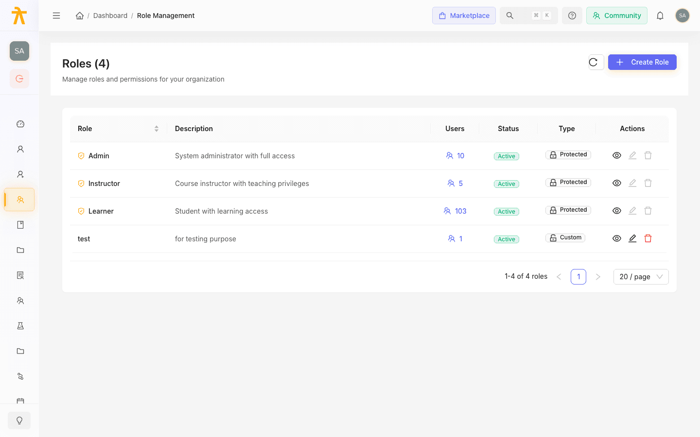 Role Management page listing the built-in roles plus custom roles