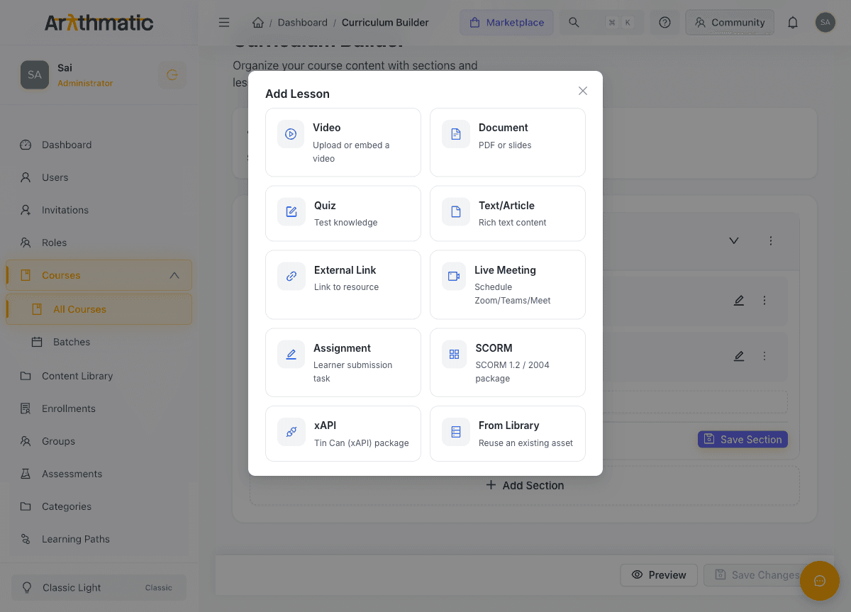 Add Lesson dialog showing SCORM and xAPI package options