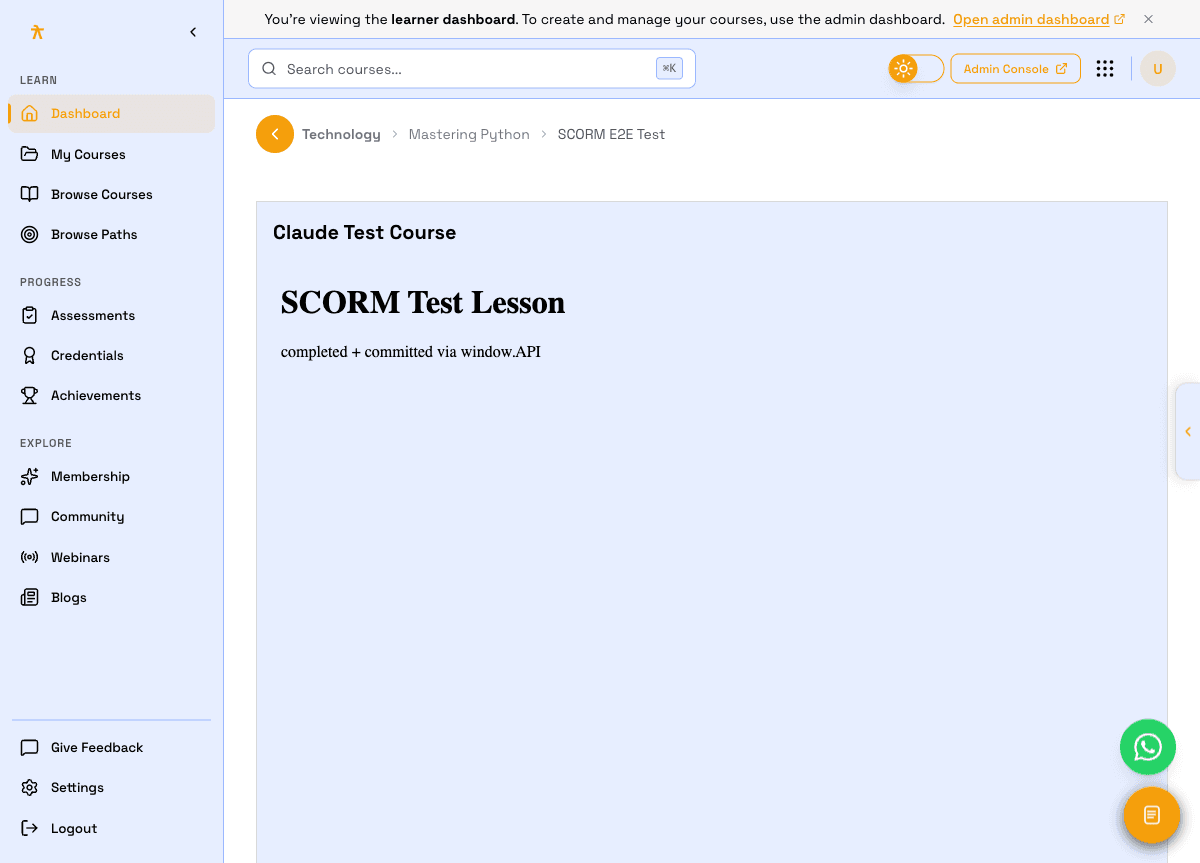 Learner course player running SCORM content