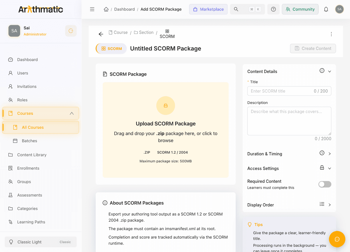 SCORM package editor with drag-and-drop upload area and content details