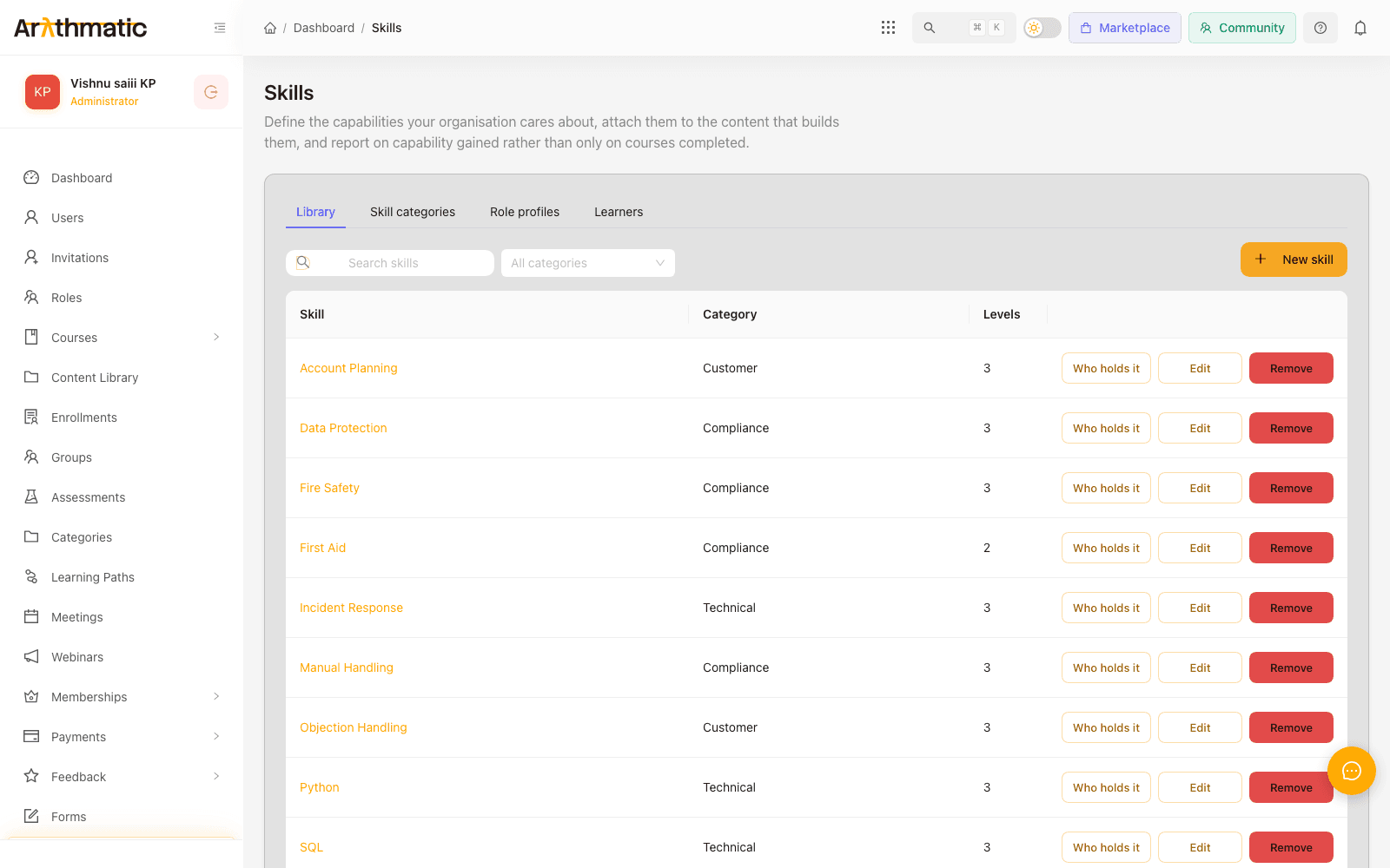 Arythmatic Skills page showing the Library tab with a table of skills, categories and level counts