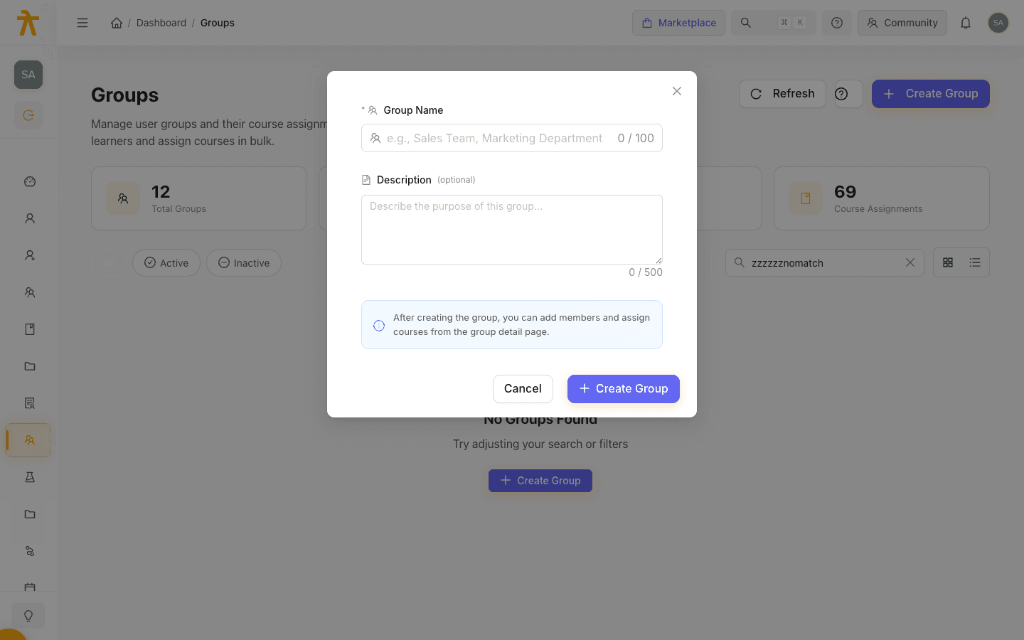 Arythmatic Create Group dialog with a Group Name field and an optional Description field
