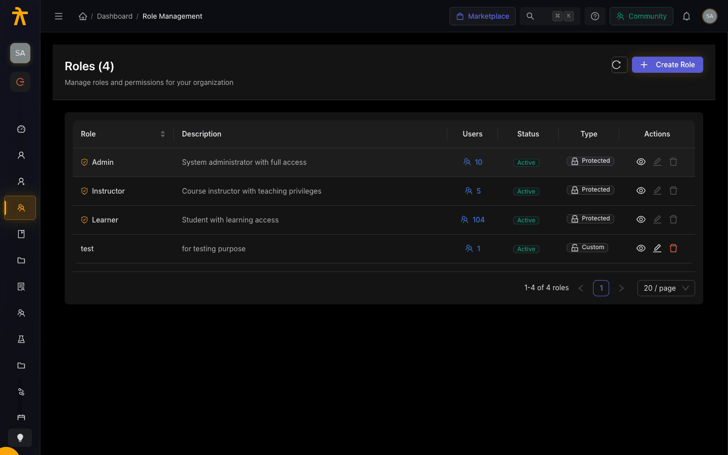 Roles management table showing role names, descriptions, user counts, status tags, and type badges.