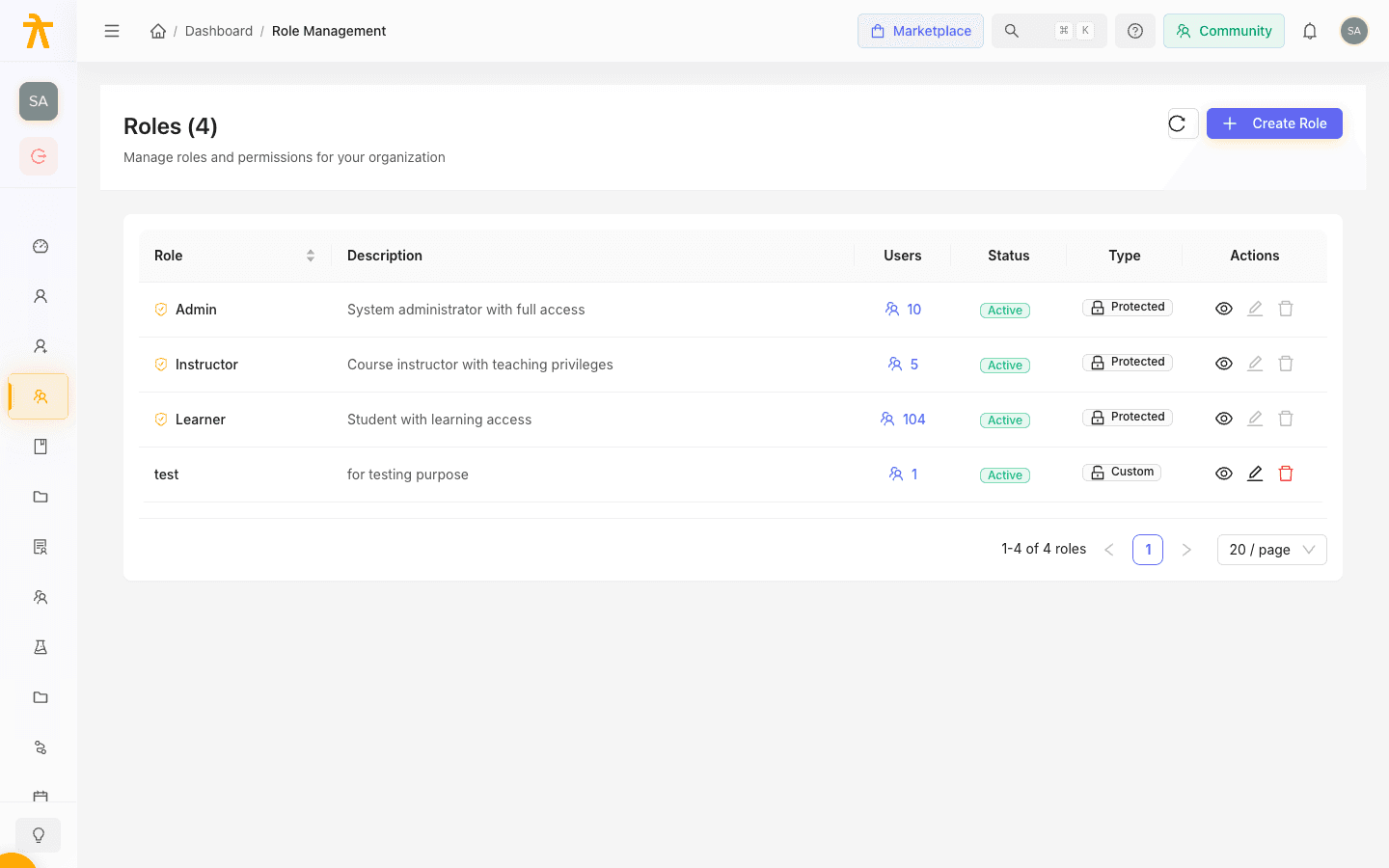 Roles management table showing role names, descriptions, user counts, status tags, and type badges.