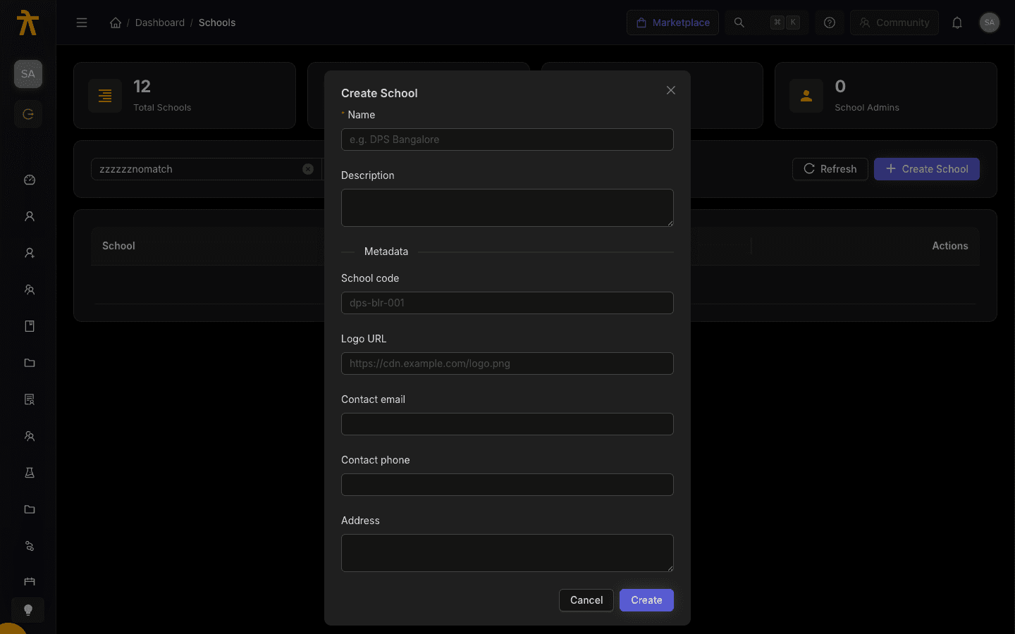 Arythmatic Create School dialog showing the new-school form