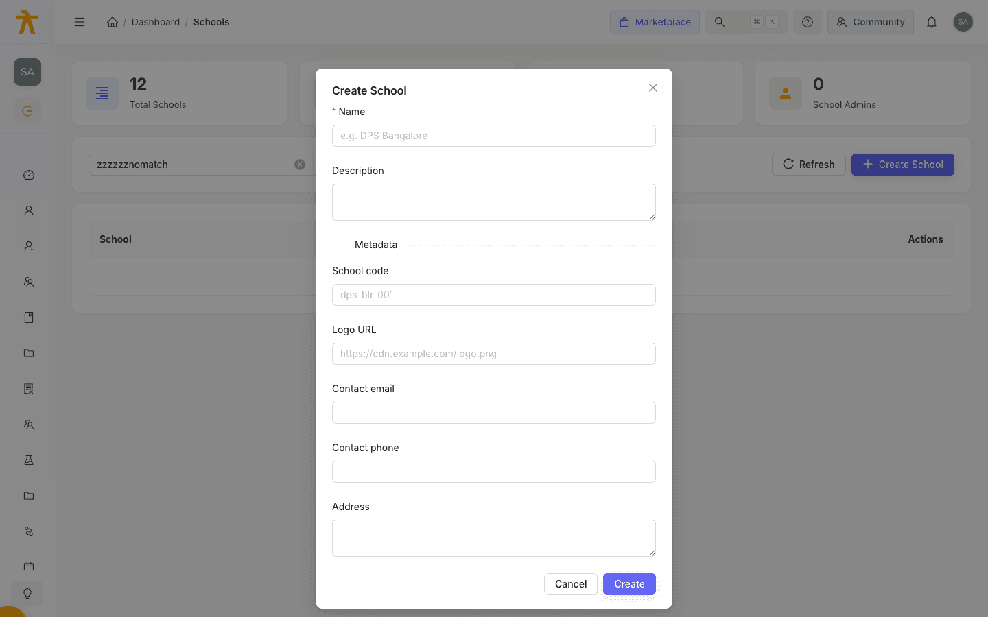 Arythmatic Create School dialog showing the new-school form