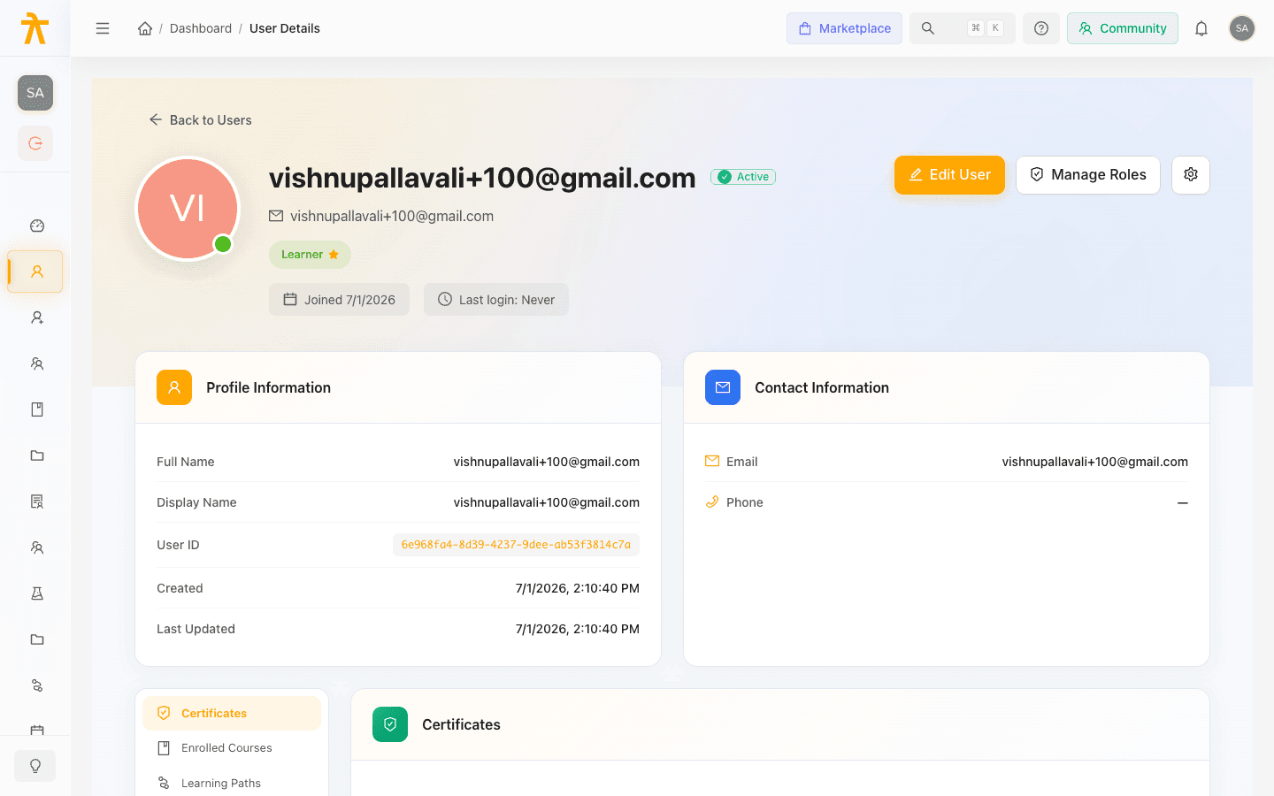 User detail page with avatar, roles, quick stats, and section navigation sidebar