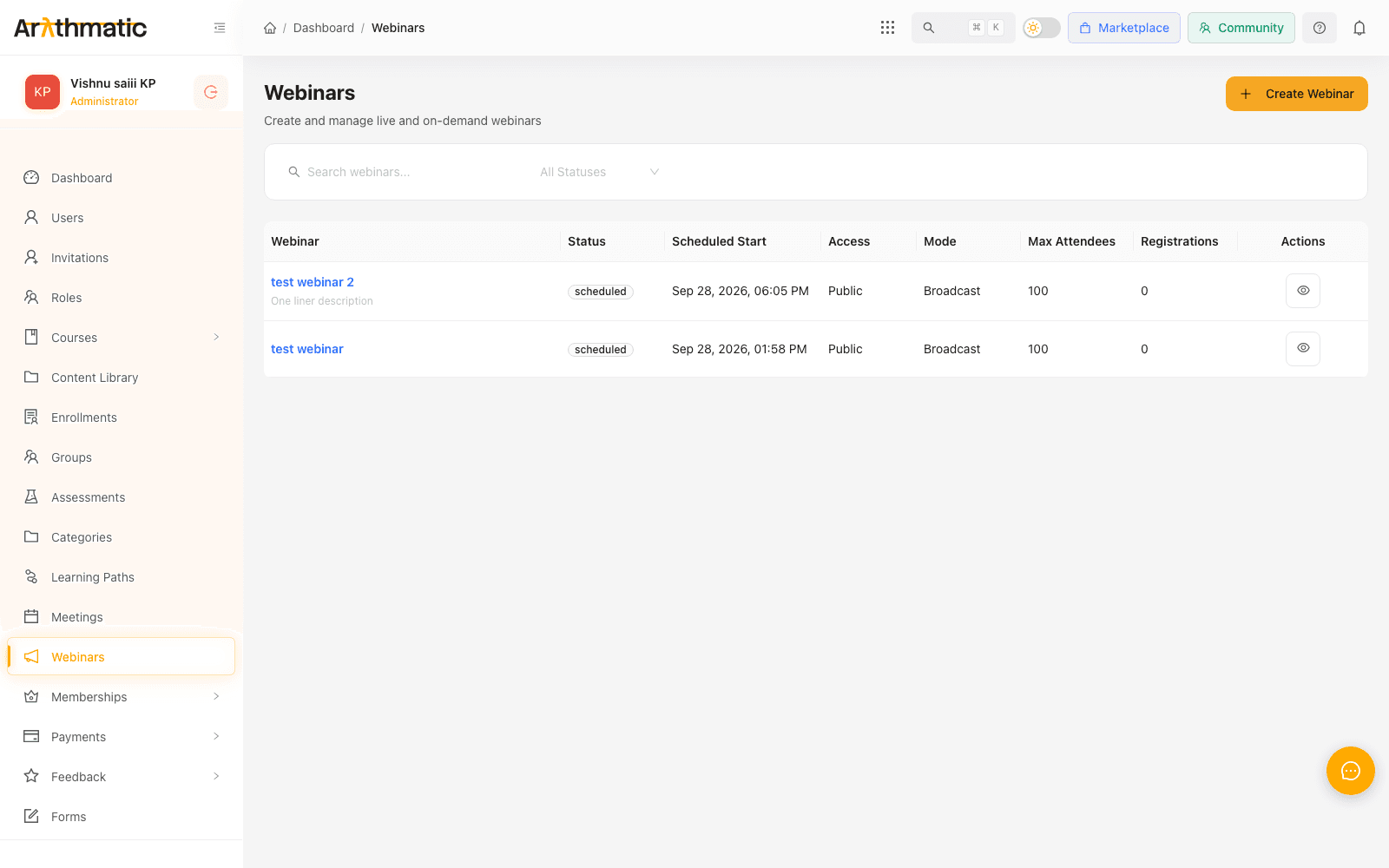 Arythmatic Webinars list showing webinars with scheduled status, access, mode, capacity and registration counts