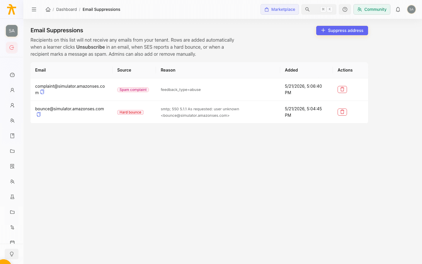 Email Suppressions page with a table of suppressed addresses and a Suppress address button