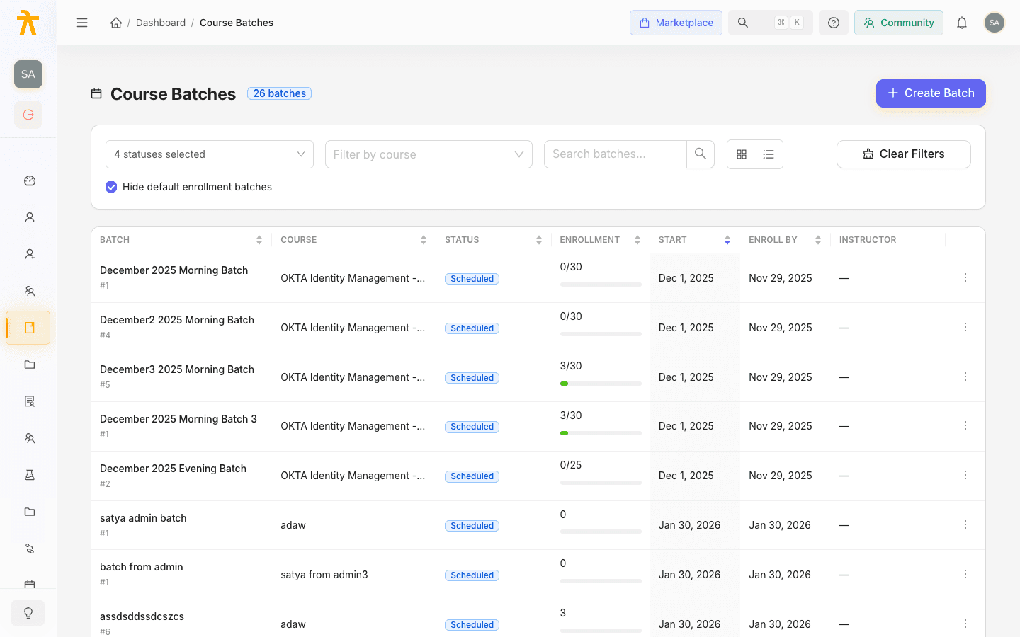 Batches list showing cohorts with status tags, enrollment progress, start dates, and instructor