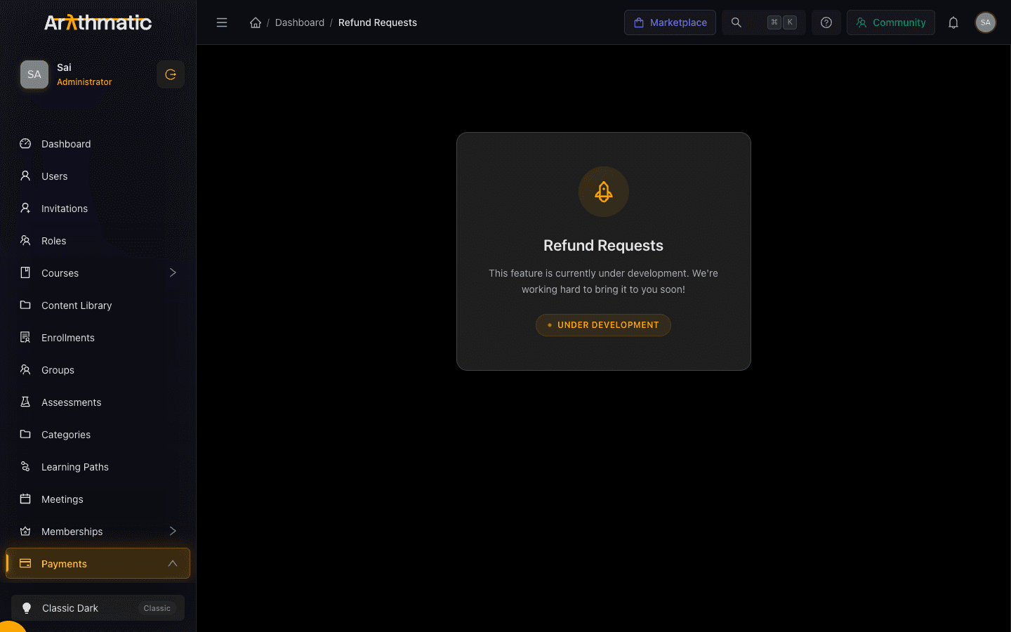 Refund Requests page showing status stats, filter tabs, and refund request cards