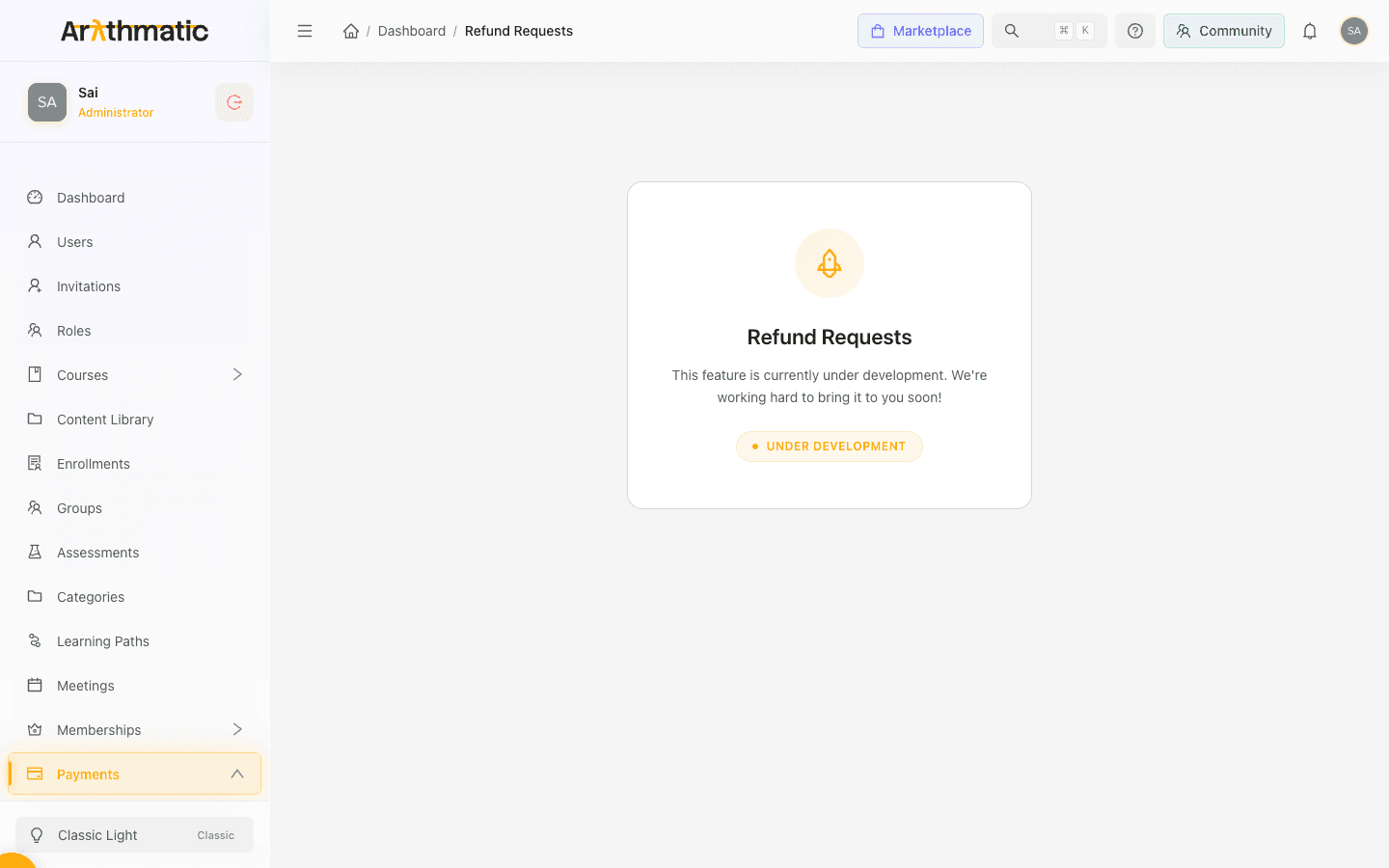 Refund Requests page showing status stats, filter tabs, and refund request cards